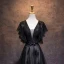 Elegant Black Evening Dresses  2019 A-Line / Princess See-through Deep V-Neck Short Sleeve Appliques Lace Rhinestone Sequins Floor-Length / Long Ruffle Backless Formal Dresses