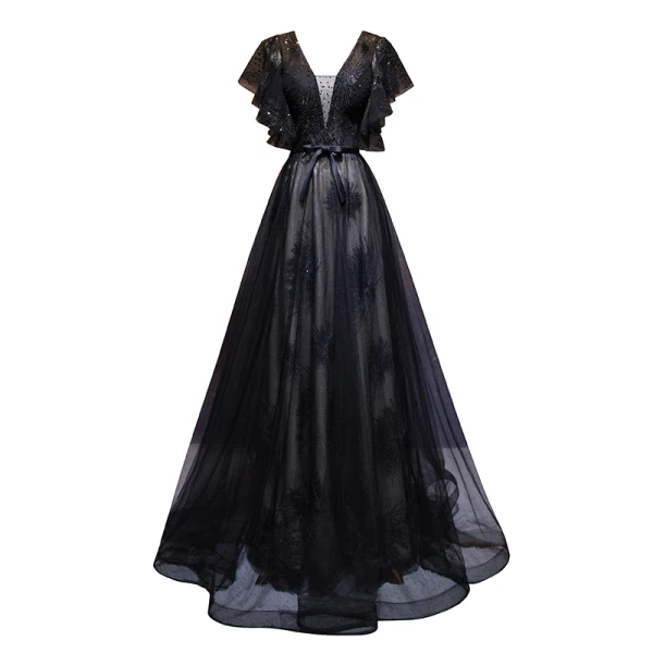 Elegant Black Evening Dresses  2019 A-Line / Princess See-through Deep V-Neck Short Sleeve Appliques Lace Rhinestone Sequins Floor-Length / Long Ruffle Backless Formal Dresses
