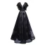 Elegant Black Evening Dresses  2019 A-Line / Princess See-through Deep V-Neck Short Sleeve Appliques Lace Rhinestone Sequins Floor-Length / Long Ruffle Backless Formal Dresses