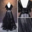 Elegant Black Evening Dresses  2019 A-Line / Princess See-through Deep V-Neck Short Sleeve Appliques Lace Rhinestone Sequins Floor-Length / Long Ruffle Backless Formal Dresses