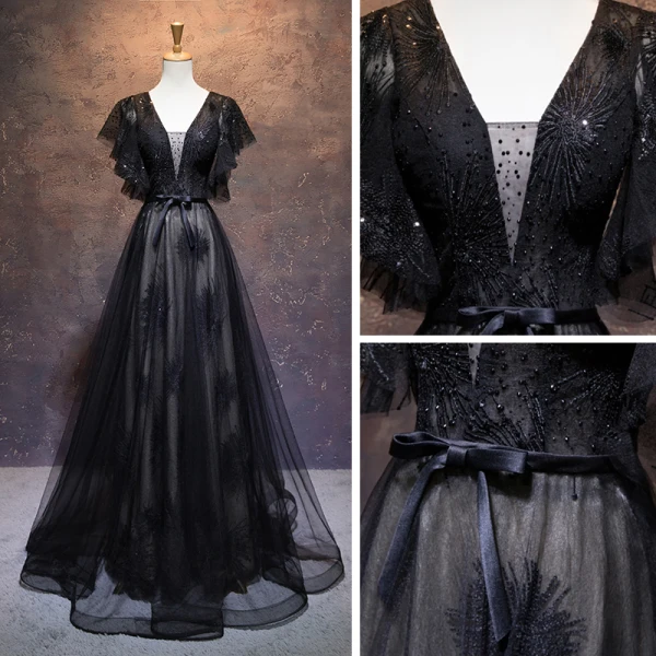 Elegant Black Evening Dresses  2019 A-Line / Princess See-through Deep V-Neck Short Sleeve Appliques Lace Rhinestone Sequins Floor-Length / Long Ruffle Backless Formal Dresses