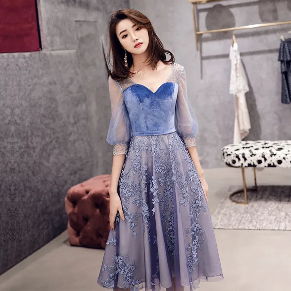 Best Ocean Blue See-through Homecoming Graduation Dresses 2019 A-Line / Princess V-Neck Puffy 3/4 Sleeve Appliques Lace Beading Rhinestone Tea-length Ruffle Backless Formal Dresses