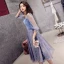 Meilleur Océan Bleu Transparentes de retour Robe De Graduation 2019 Princesse V-Cou Gonflée 3/4 Manches Appliques En Dentelle Perlage Faux Diamant Thé Longueur Volants Dos Nu Robe De Ceremonie