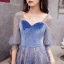 Meilleur Océan Bleu Transparentes de retour Robe De Graduation 2019 Princesse V-Cou Gonflée 3/4 Manches Appliques En Dentelle Perlage Faux Diamant Thé Longueur Volants Dos Nu Robe De Ceremonie