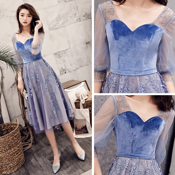 Meilleur Océan Bleu Transparentes de retour Robe De Graduation 2019 Princesse V-Cou Gonflée 3/4 Manches Appliques En Dentelle Perlage Faux Diamant Thé Longueur Volants Dos Nu Robe De Ceremonie