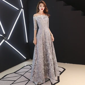 Affordable Grey Evening Dresses 2019 A Line Princess Off The Shoulder 1 2 Sleeves Appliques Lace Floor Length Long Backless Formal Dresses