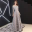 Affordable Grey Evening Dresses  2019 A-Line / Princess Off-The-Shoulder 1/2 Sleeves Appliques Lace Floor-Length / Long Backless Formal Dresses