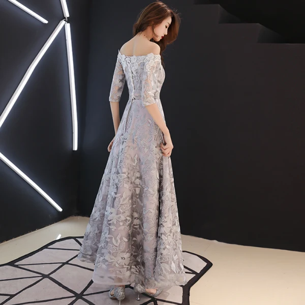 Affordable Grey Evening Dresses 2019 A-Line / Princess Off-The-Shoulder 1/2 Sleeves Appliques Lace Floor-Length / Long Backless Formal Dresses