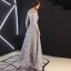 Affordable Grey Evening Dresses  2019 A-Line / Princess Off-The-Shoulder 1/2 Sleeves Appliques Lace Floor-Length / Long Backless Formal Dresses