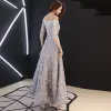 Niedrogie Szary Sukienki Wieczorowe 2019 Princessa Przy Ramieniu 1/2 Rękawy Aplikacje Z Koronki Długie Bez Pleców Sukienki Wizytowe