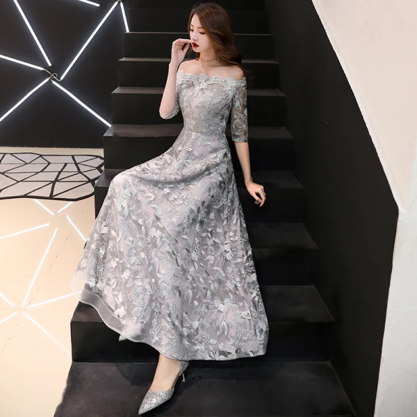 Affordable Grey Evening Dresses 2019 A-Line / Princess Off-The-Shoulder 1/2 Sleeves Appliques Lace Floor-Length / Long Backless Formal Dresses