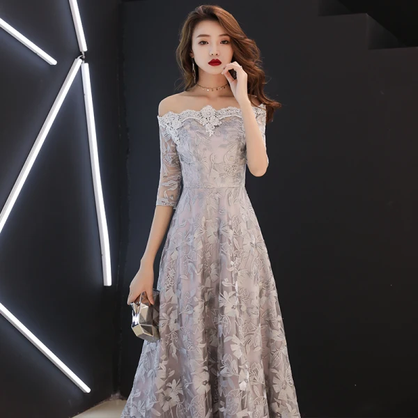 Affordable Grey Evening Dresses 2019 A-Line / Princess Off-The-Shoulder 1/2 Sleeves Appliques Lace Floor-Length / Long Backless Formal Dresses