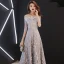 Affordable Grey Evening Dresses  2019 A-Line / Princess Off-The-Shoulder 1/2 Sleeves Appliques Lace Floor-Length / Long Backless Formal Dresses