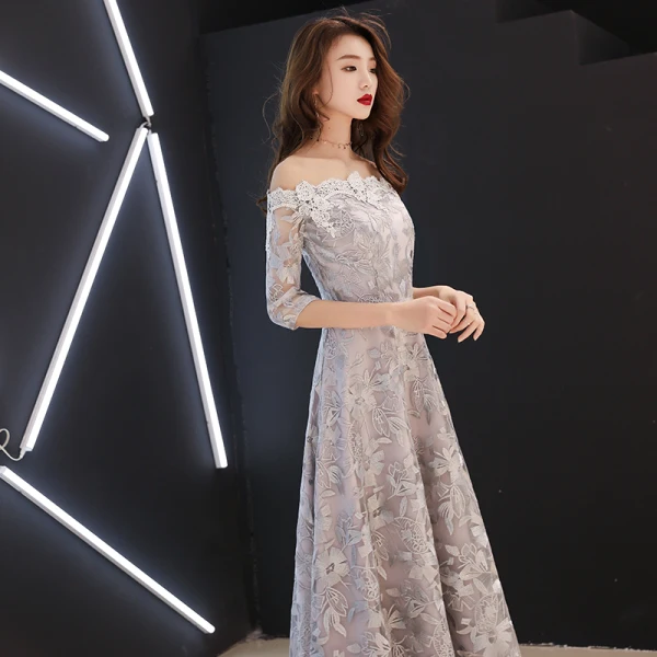 Affordable Grey Evening Dresses 2019 A-Line / Princess Off-The-Shoulder 1/2 Sleeves Appliques Lace Floor-Length / Long Backless Formal Dresses