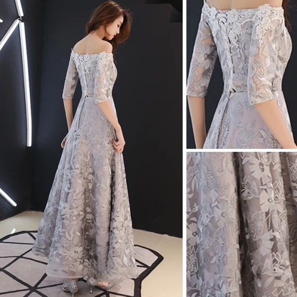 Affordable Grey Evening Dresses 2019 A-Line / Princess Off-The-Shoulder 1/2 Sleeves Appliques Lace Floor-Length / Long Backless Formal Dresses