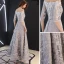 Affordable Grey Evening Dresses  2019 A-Line / Princess Off-The-Shoulder 1/2 Sleeves Appliques Lace Floor-Length / Long Backless Formal Dresses