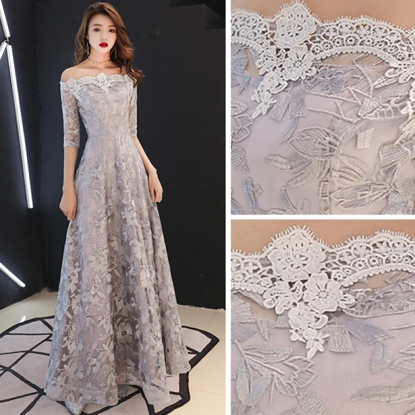Affordable Grey Evening Dresses 2019 A-Line / Princess Off-The-Shoulder 1/2 Sleeves Appliques Lace Floor-Length / Long Backless Formal Dresses