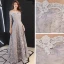 Affordable Grey Evening Dresses  2019 A-Line / Princess Off-The-Shoulder 1/2 Sleeves Appliques Lace Floor-Length / Long Backless Formal Dresses