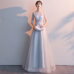 Affordable Grey Evening Dresses 2019 A Line Princess V Neck 1 2 Sleeves Pierced Sash Appliques Lace Floor Length Long Ruffle Formal Dresses
