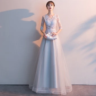 Affordable Grey Evening Dresses 2019 A Line Princess V Neck 1 2 Sleeves Pierced Sash Appliques Lace Floor Length Long Ruffle Formal Dresses
