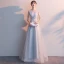 Affordable Grey Evening Dresses  2019 A-Line / Princess V-Neck 1/2 Sleeves Pierced Sash Appliques Lace Floor-Length / Long Ruffle Formal Dresses