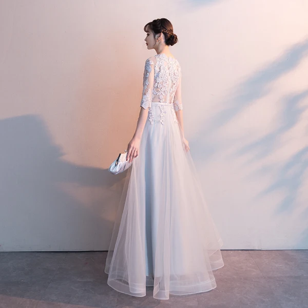 Affordable Grey Evening Dresses 2019 A-Line / Princess V-Neck 1/2 Sleeves Pierced Sash Appliques Lace Floor-Length / Long Ruffle Formal Dresses