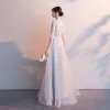 Affordable Grey Evening Dresses  2019 A-Line / Princess V-Neck 1/2 Sleeves Pierced Sash Appliques Lace Floor-Length / Long Ruffle Formal Dresses