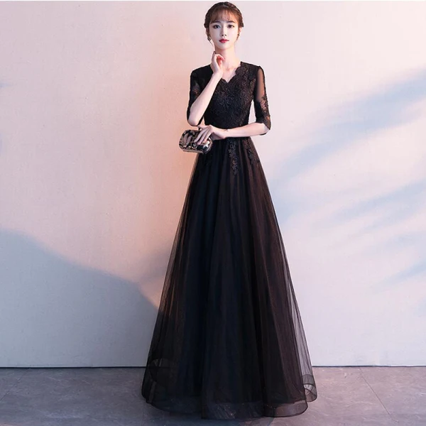 Affordable Grey Evening Dresses 2019 A-Line / Princess V-Neck 1/2 Sleeves Pierced Sash Appliques Lace Floor-Length / Long Ruffle Formal Dresses