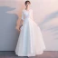 Affordable Grey Evening Dresses  2019 A-Line / Princess V-Neck 1/2 Sleeves Pierced Sash Appliques Lace Floor-Length / Long Ruffle Formal Dresses