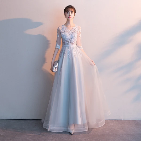 Affordable Grey Evening Dresses 2019 A-Line / Princess V-Neck 1/2 Sleeves Pierced Sash Appliques Lace Floor-Length / Long Ruffle Formal Dresses