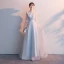 Affordable Grey Evening Dresses  2019 A-Line / Princess V-Neck 1/2 Sleeves Pierced Sash Appliques Lace Floor-Length / Long Ruffle Formal Dresses