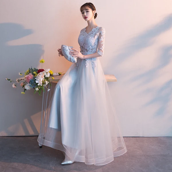 Affordable Grey Evening Dresses 2019 A-Line / Princess V-Neck 1/2 Sleeves Pierced Sash Appliques Lace Floor-Length / Long Ruffle Formal Dresses