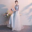 Affordable Grey Evening Dresses  2019 A-Line / Princess V-Neck 1/2 Sleeves Pierced Sash Appliques Lace Floor-Length / Long Ruffle Formal Dresses