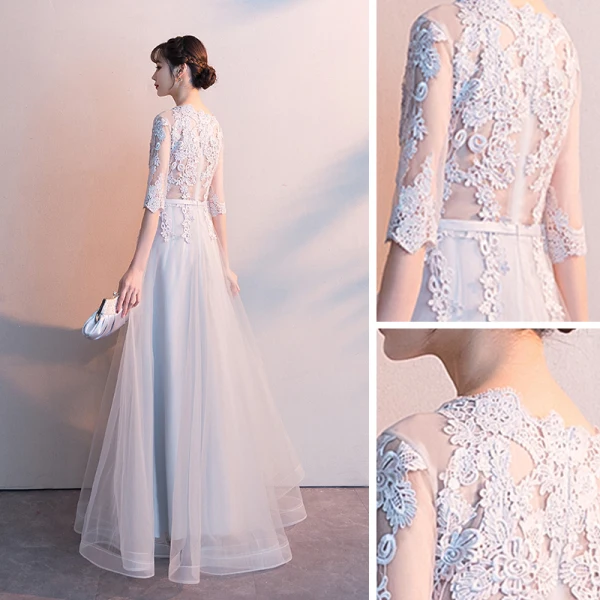 Affordable Grey Evening Dresses 2019 A-Line / Princess V-Neck 1/2 Sleeves Pierced Sash Appliques Lace Floor-Length / Long Ruffle Formal Dresses