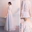 Affordable Grey Evening Dresses  2019 A-Line / Princess V-Neck 1/2 Sleeves Pierced Sash Appliques Lace Floor-Length / Long Ruffle Formal Dresses