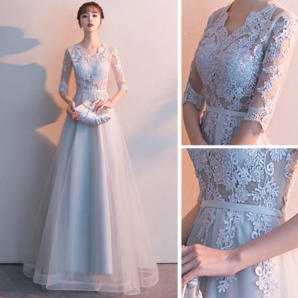Affordable Grey Evening Dresses 2019 A-Line / Princess V-Neck 1/2 Sleeves Pierced Sash Appliques Lace Floor-Length / Long Ruffle Formal Dresses