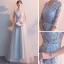Affordable Grey Evening Dresses  2019 A-Line / Princess V-Neck 1/2 Sleeves Pierced Sash Appliques Lace Floor-Length / Long Ruffle Formal Dresses