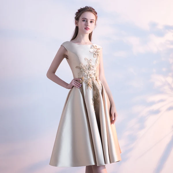 Chic / Belle Bleu Satin de retour Robe De Graduation 2019 Princesse Encolure Carrée Sans Manches Appliques En Dentelle Perlage Perle Thé Longueur Volants Dos Nu