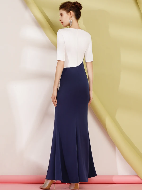 Two Tone Navy Blue Evening Dresses 2019 Trumpet / Mermaid Amazing / Unique V-Neck 1/2 Sleeves Rhinestone Split Front Floor-Length / Long Ruffle Formal Dresses