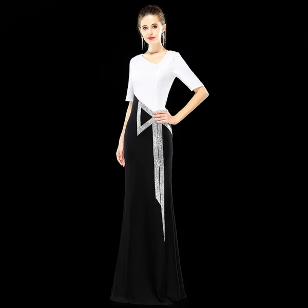 Two Tone Navy Blue Evening Dresses 2019 Trumpet / Mermaid Amazing / Unique V-Neck 1/2 Sleeves Rhinestone Split Front Floor-Length / Long Ruffle Formal Dresses