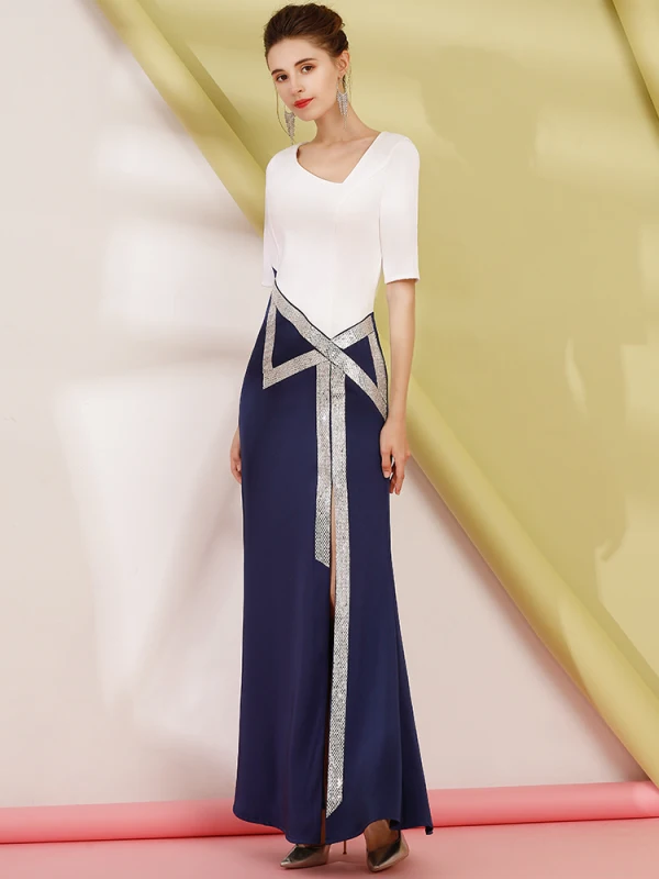 Two Tone Navy Blue Evening Dresses 2019 Trumpet / Mermaid Amazing / Unique V-Neck 1/2 Sleeves Rhinestone Split Front Floor-Length / Long Ruffle Formal Dresses