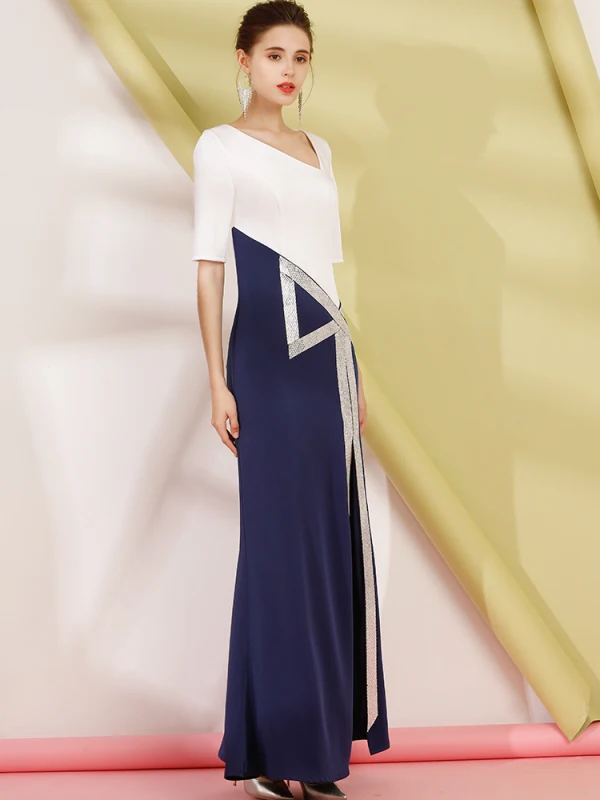 Two Tone Navy Blue Evening Dresses 2019 Trumpet / Mermaid Amazing / Unique V-Neck 1/2 Sleeves Rhinestone Split Front Floor-Length / Long Ruffle Formal Dresses