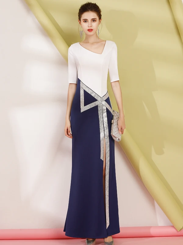 Two Tone Navy Blue Evening Dresses 2019 Trumpet / Mermaid Amazing / Unique V-Neck 1/2 Sleeves Rhinestone Split Front Floor-Length / Long Ruffle Formal Dresses