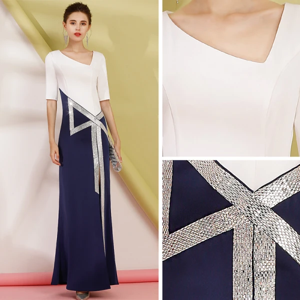 Two Tone Navy Blue Evening Dresses 2019 Trumpet / Mermaid Amazing / Unique V-Neck 1/2 Sleeves Rhinestone Split Front Floor-Length / Long Ruffle Formal Dresses