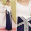 Two Tone Navy Blue Evening Dresses  2019 Trumpet / Mermaid Amazing / Unique V-Neck 1/2 Sleeves Rhinestone Split Front Floor-Length / Long Ruffle Formal Dresses