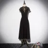 Vintage / Retro Black Evening Dresses  2019 A-Line / Princess High Neck Cap Sleeves Glitter Sequins Tea-length Ruffle Formal Dresses