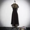 Vintage / Retro Black Evening Dresses  2019 A-Line / Princess High Neck Cap Sleeves Glitter Sequins Tea-length Ruffle Formal Dresses