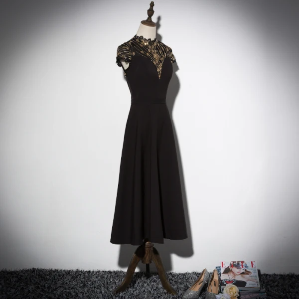 Vintage / Retro Black Evening Dresses 2019 A-Line / Princess High Neck Cap Sleeves Glitter Sequins Tea-length Ruffle Formal Dresses