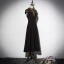 Vintage / Retro Black Evening Dresses  2019 A-Line / Princess High Neck Cap Sleeves Glitter Sequins Tea-length Ruffle Formal Dresses