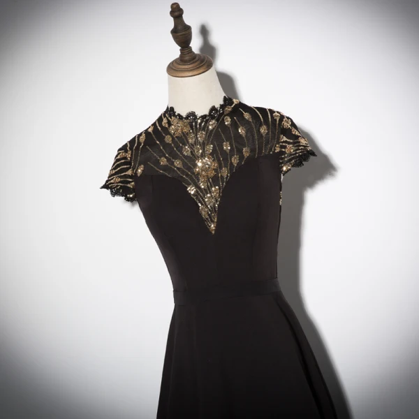 Vintage / Retro Black Evening Dresses 2019 A-Line / Princess High Neck Cap Sleeves Glitter Sequins Tea-length Ruffle Formal Dresses